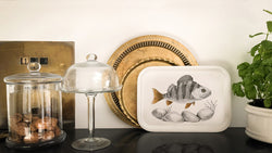 Perch fish on wooden tray